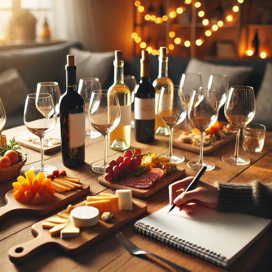 Domácí degustace vína - útulný stůl s několika sklenicemi vína, lahvemi bez etiket, degustačním blokem a talíři sýrů, ovoce a uzenin. Perfektní atmosféra pro domácí ochutnávku vína s přáteli nebo rodinou.