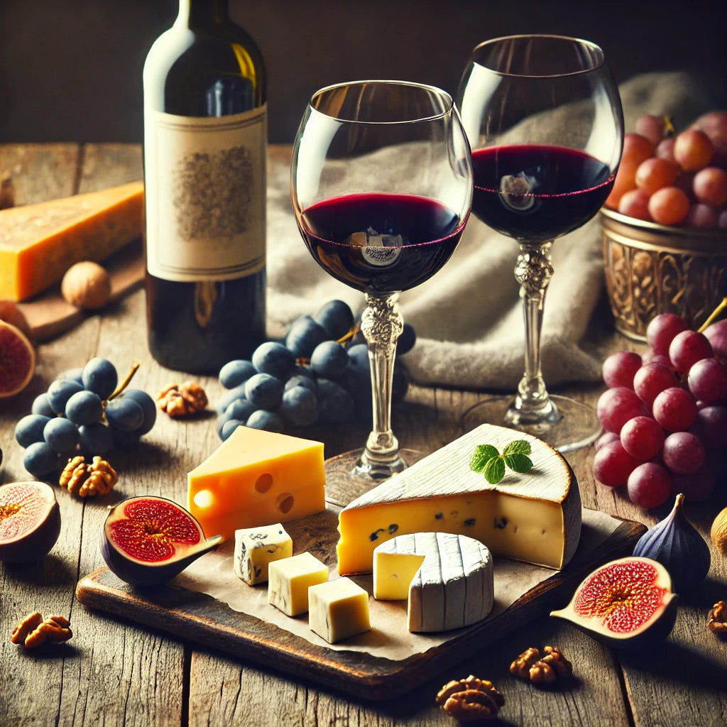 Párování vína a sýrů - elegantní servírování na rustikálním dřevěném stole s různými typy sýrů (Brie, modrý sýr, Cheddar), čerstvým ovocem (hrozny, fíky), ořechy a sklenicí červeného vína. Ideální kombinace pro gurmánský zážitek.