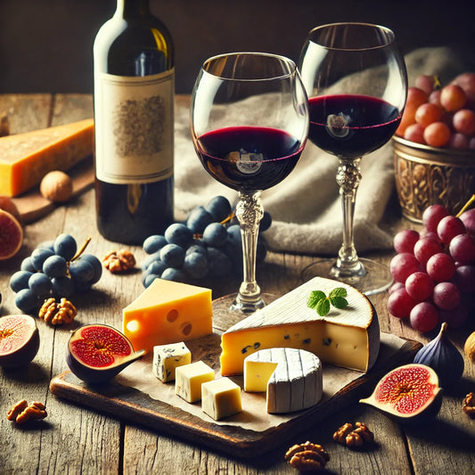 Párování vína a sýrů - elegantní servírování na rustikálním dřevěném stole s různými typy sýrů (Brie, modrý sýr, Cheddar), čerstvým ovocem (hrozny, fíky), ořechy a sklenicí červeného vína. Ideální kombinace pro gurmánský zážitek.