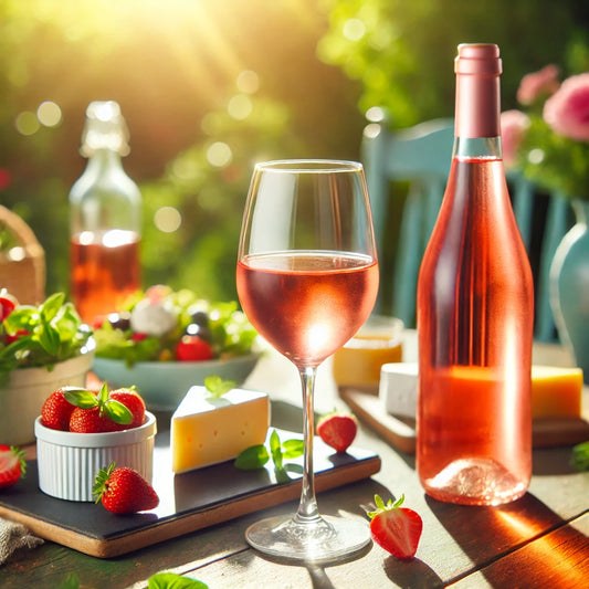 Elegantní servírování růžového vína na letním stole – sklenice vychlazeného rosé vedle lahve bez etikety, doplněné jahodami, sýrem a letním salátem. Slunečné pozadí s rozostřenou zelení evokuje osvěžující a radostnou atmosféru.
